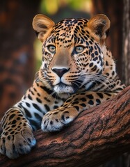 Obraz premium Mirada intensa de un leopardo posando en un árbol – Imagen de alta calidad