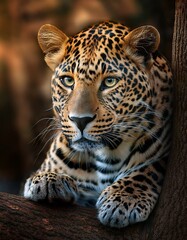 Fototapeta premium Mirada intensa de un leopardo posando en un árbol – Imagen de alta calidad