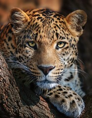 Fototapeta premium Mirada intensa de un leopardo posando en un árbol – Imagen de alta calidad