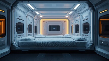 Obraz premium Capsule hotel with VRthemed interiors, immersive digital escape concept