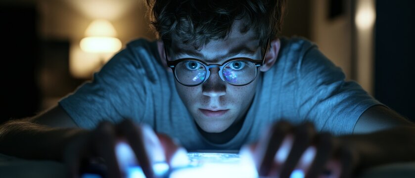 An intense gamer focused on a bright screen in a dim room, with glasses reflecting the light, portraying concentration and digital immersion.