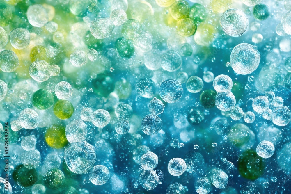 Poster a digitally created blue and green background filled with numerous dots and bubbles depict a digital