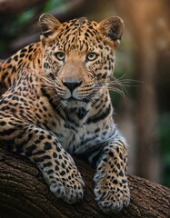 Obraz premium Mirada intensa de un leopardo posando en un árbol – Imagen de alta calidad