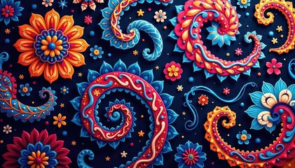Intricate swirling paisley motifs in vibrant hues , colorful, blue