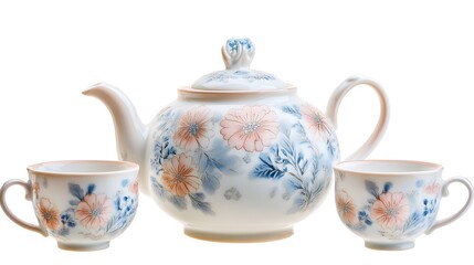 A beautiful porcelain teapot with delicate blue and pink floral motifs, paired with matching teacups, showcasing intricate details and soft highlights on the glaze, solid white background, 32k, full