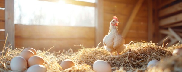 Chicken and eggs in a coop at sunrise