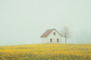 This serene image captures a secluded white house standing alone in a lush field of vibrant yellow flowers, shrouded in soft morning fog, creating a tranquil atmosphere.