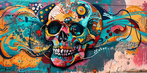 A bold and rebellious wall graffiti featuring a spray-painted skull with abstract patterns and bright colors 