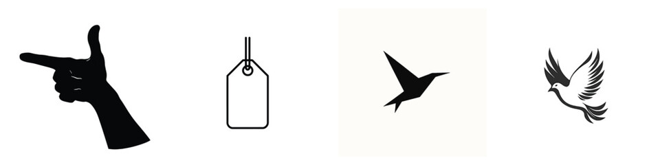 Vector Collection of Hand Gesture, Price Tag and Bird Silhouettes Isolated on White