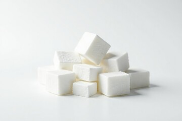 Lumps of white sugar against a stark white backdrop, lumps, dietary