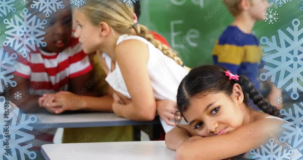 Poster in school, children in classroom with snowflake animation overlaying scene