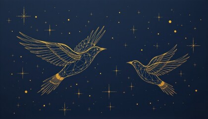 Geometric Birds Stylized birds created with gold lines flying across a rich navy sky, combining elegance with abstraction.