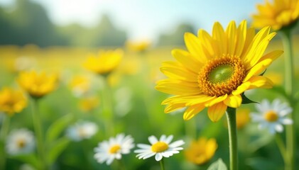 One bright yellow sunflower in a field of white daisies, summer, eye-catching, field