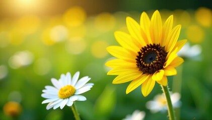 Naklejka premium One vibrant yellow sunflower among white daisies, yellow, rare, distinct