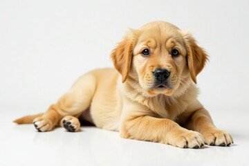 Golden Retriever puppy lies down, white backdrop, golden, mammal