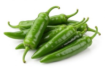 A pile of fresh green hatch chili peppers with stems on a white surface in a close up shot on transparent background