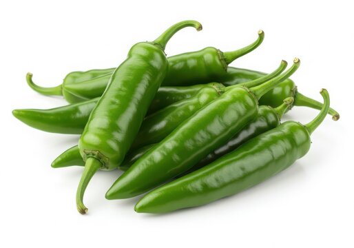 A pile of fresh green hatch chili peppers with stems on a white surface in a close up shot on transparent background