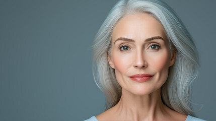Fototapeta premium Elegant woman with silver hair poses against a neutral background