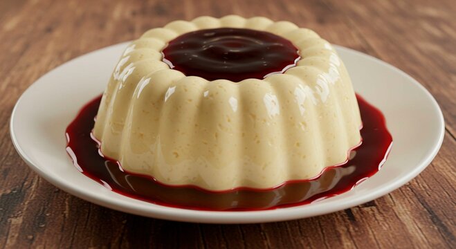 A traditional Brazilian manjar branco dessert with dark plum syrup, elegantly served on a ceramic plate with a rustic wooden background. Smooth and delicious texture.