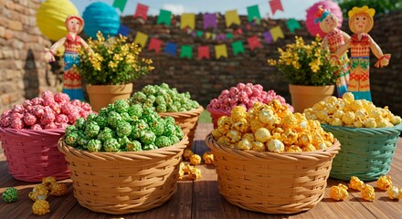 Baskets filled with colorful caramelized popcorn and traditional salted popcorn, placed on a wooden table with São João decorations in the background.