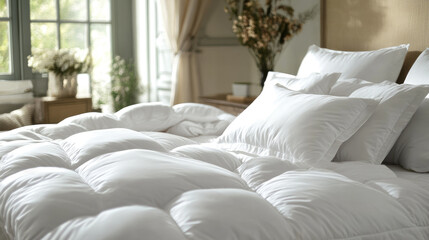 Bright and cozy hotel bed with white fluffy duvet, soft pillows, and natural light streaming through the window, surrounded by dried plants for a serene morning atmosphere