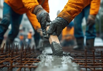 Construction site with workers pouring concrete into a steel grid, close-up of blue-gloved hand holding concrete, background laborers in orange uniforms