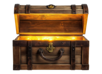 open wooden old chest with golden illumination inside