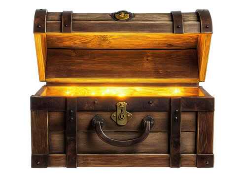 open wooden old chest with golden illumination inside
