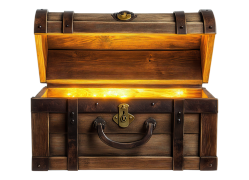 open wooden old chest with golden illumination inside
