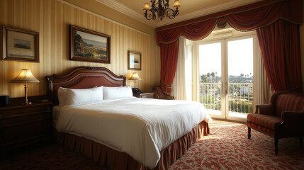 Modern luxury hotel room with panoramic floor-to-ceiling windows, overlooking urban skyline and riverfront, symbolizing stylish accommodation, comfort, and business travel lifestyle