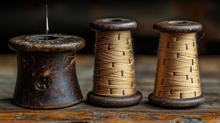 Antique wooden thread spools and pincushion on rustic wood.