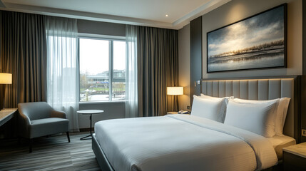 Modern luxury hotel room with panoramic floor-to-ceiling windows, overlooking urban skyline and riverfront, symbolizing stylish accommodation, comfort, and business travel lifestyle
