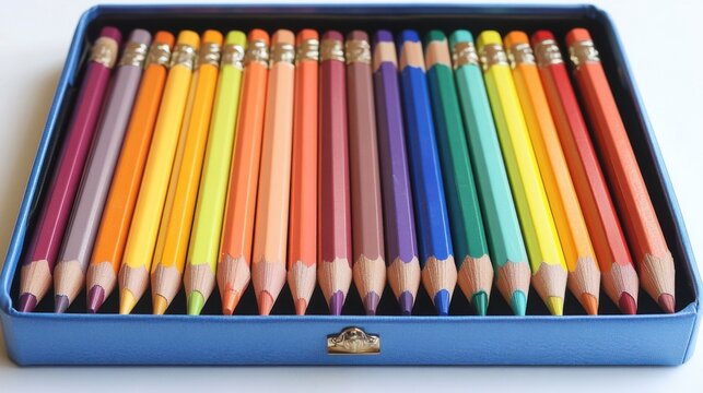 Colorful Set of Sixteen Sharpened Colored Pencils in Blue Box