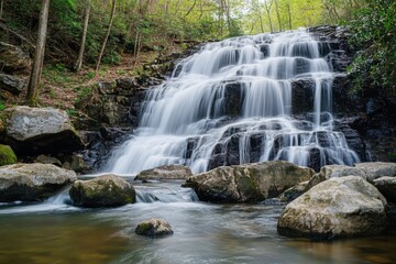 Scenic cascade waterfall surrounded by lush greenery and rocks