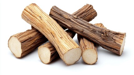 Pile of palo wood sticks isolated on white background highlighting their unique texture and organic characteristics