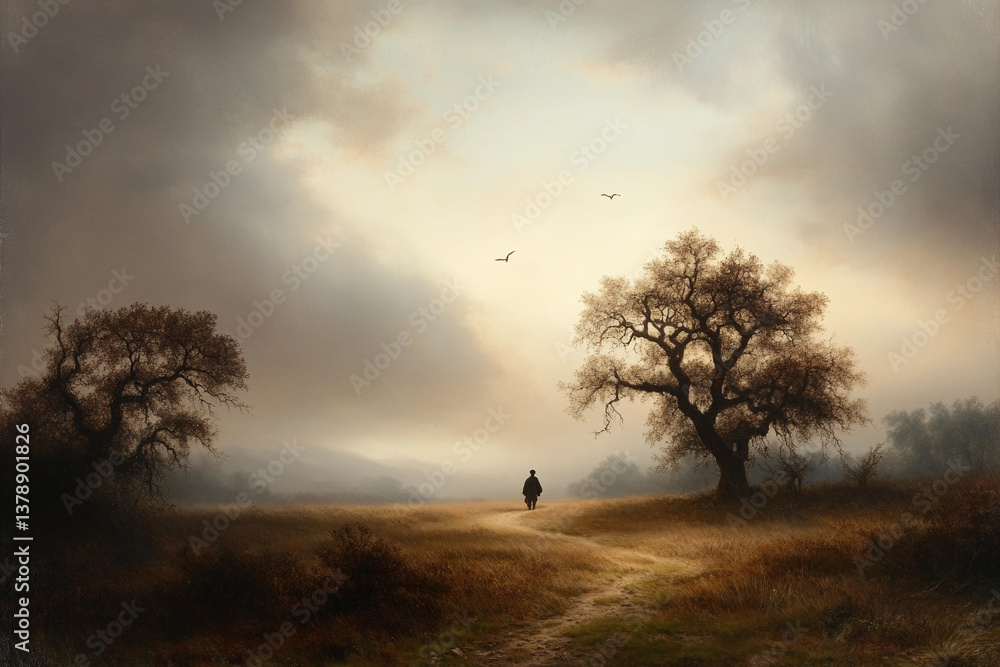 Poster workers in the field walking through a misty landscape at dusk with trees and birds in the backgroun