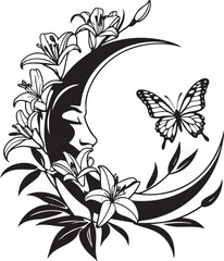 Crescent Moon Face with Lilies and Butterfly Black Vector Outline