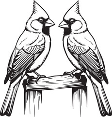 Two Cardinals Perched Black Vector Illustration