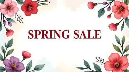 Digital art, watercolor style, "SPRING SALE" in bold red text centered on a white background, surrounded by a frame of colorful flowers and green leaves.