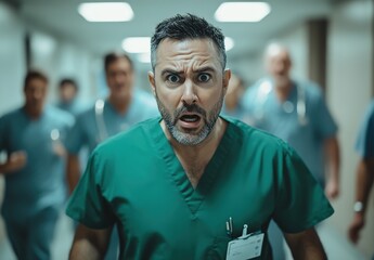 Hospital corridor with a healthcare worker in green scrubs expressing agitation or anger, other staff in background