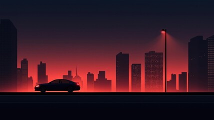 Digital illustration of a city skyline at sunset. the sky is a deep red color, with the sun setting in the background, casting a warm glow over the buildings.