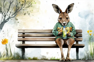 Kangaroo sitting on bench holding drink in park background