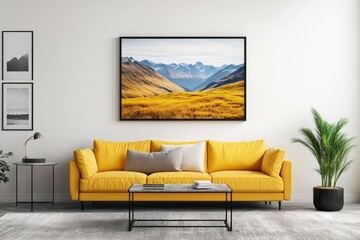 Yellow Sofa Living Room with Mountain Print, Cozy Interior Design