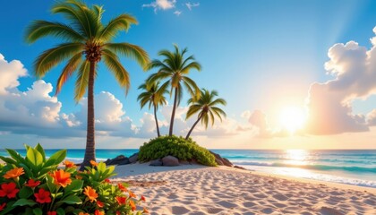 Fototapeta premium Tropical Paradise An island scene displaying vibrant palm trees, sun, and beach elements, inviting a sense of relaxation and excitement.