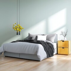 Minimalist Bedroom with Light Gray Platform Bed Gray Bedding Dark Gray Throw Wood Nightstand and Decorative Vase of Branches for Modern Interiors