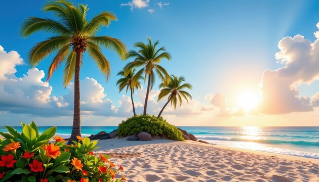 Tropical Paradise An island scene displaying vibrant palm trees, sun, and beach elements, inviting a sense of relaxation and excitement.