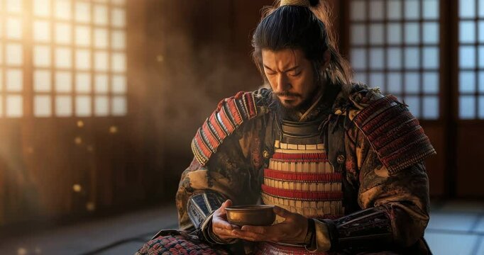 Reflective Samurai: A focused samurai, clad in traditional armor, holds a bowl, lost in thought within a serene, sunlit interior, embodying the principles of Bushido and honor.
