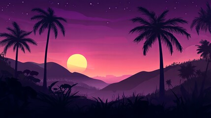 Fototapeta premium Silhouette Palm Trees Tropical Sunset Landscape Purple Pink Mountains Vector Illustration Summer Evening Nature Scenery Beautiful Peaceful Calm 