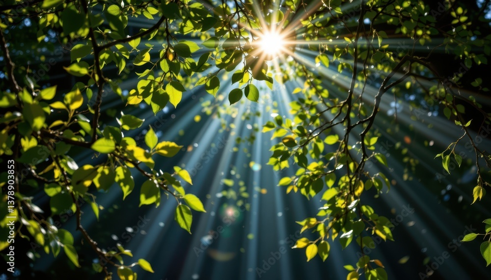Poster dappled light a serene image depicting dappled sunlight filtering through leaves, creating a beautif