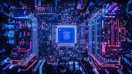 Fototapeta premium Futuristic Motherboard Close up Neon Circuit Board with Central Processing Unit Technological